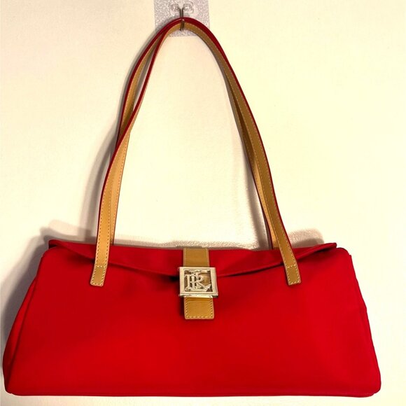Lauren Ralph Lauren True Red Nylon Pochette Shoulder Bag Tan Straps Logo Buckle - Picture 1 of 9